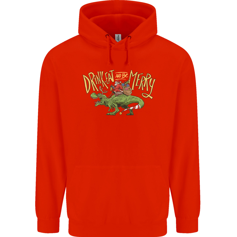 Santa T-Rex Drink Eat Merry Funny Christmas Mens 80% Cotton Hoodie Bright Red