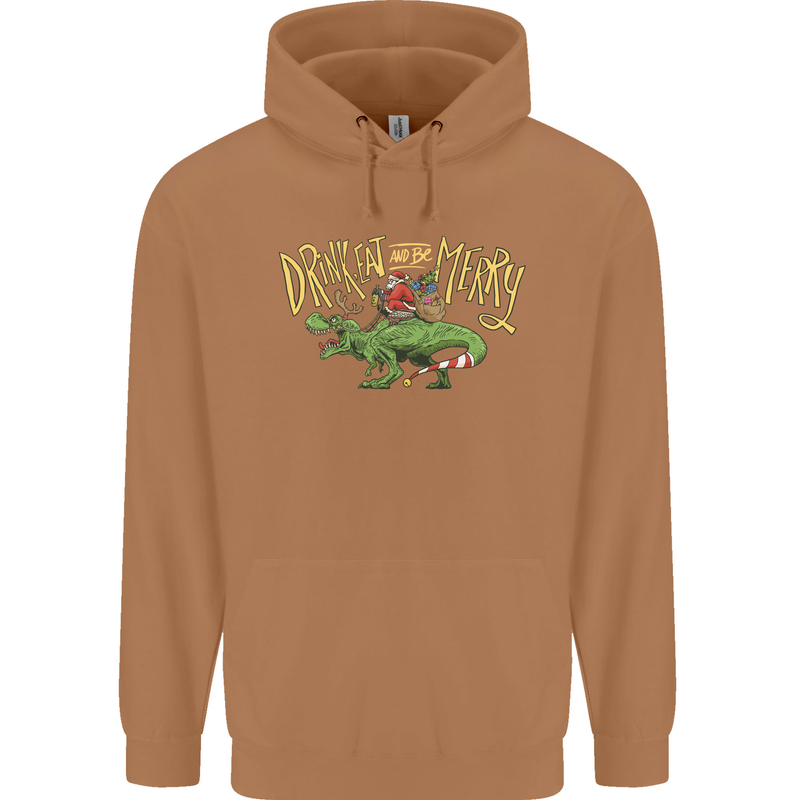 Santa T-Rex Drink Eat Merry Funny Christmas Mens 80% Cotton Hoodie Caramel Latte
