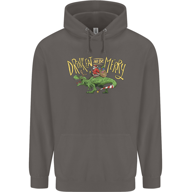 Santa T-Rex Drink Eat Merry Funny Christmas Mens 80% Cotton Hoodie Charcoal