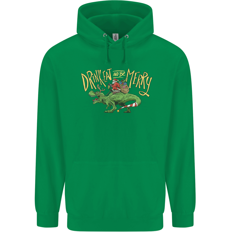Santa T-Rex Drink Eat Merry Funny Christmas Mens 80% Cotton Hoodie Irish Green