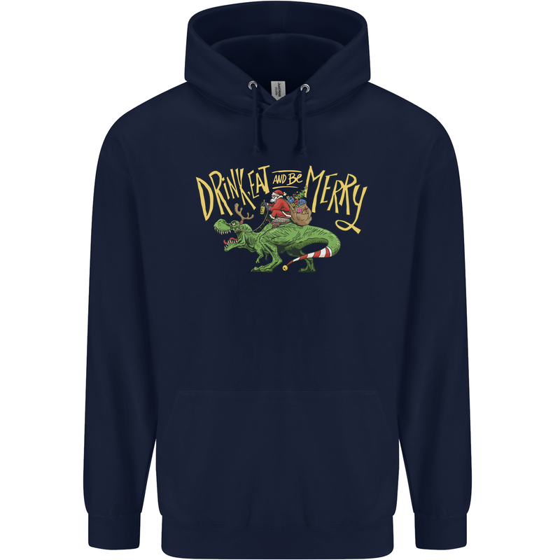 Santa T-Rex Drink Eat Merry Funny Christmas Mens 80% Cotton Hoodie Navy Blue
