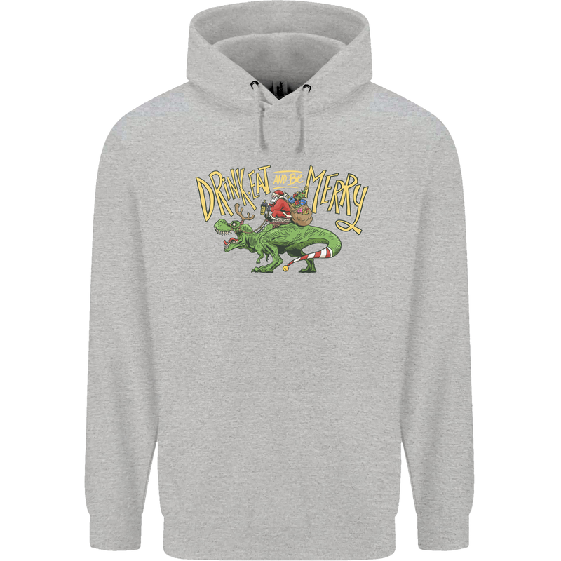 Santa T-Rex Drink Eat Merry Funny Christmas Mens 80% Cotton Hoodie Sports Grey