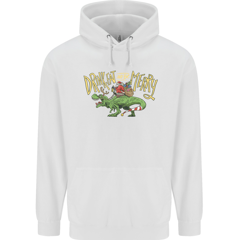 Santa T-Rex Drink Eat Merry Funny Christmas Mens 80% Cotton Hoodie White