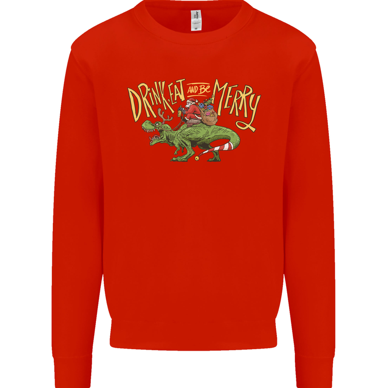 Santa T-Rex Drink Eat Merry Funny Christmas Mens Sweatshirt Jumper Bright Red