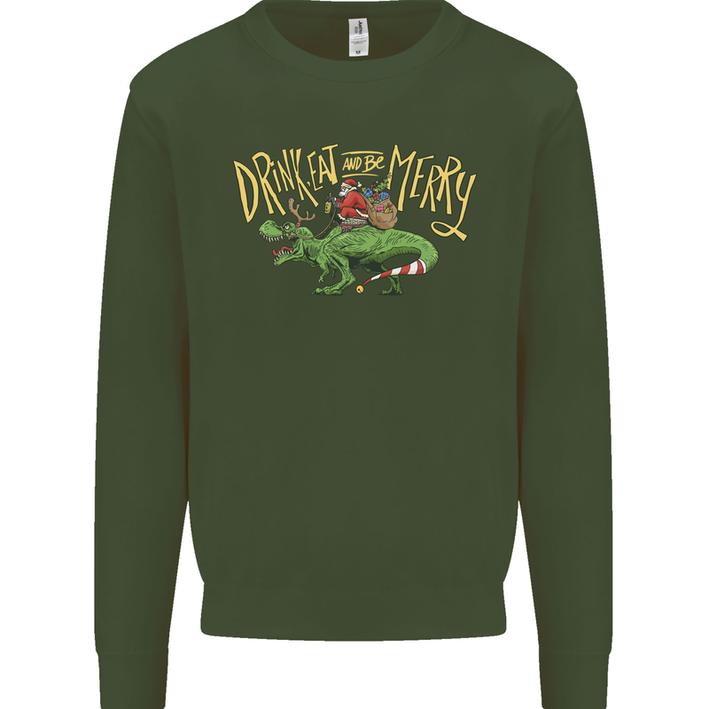 Santa T-Rex Drink Eat Merry Funny Christmas Mens Sweatshirt Jumper Forest Green