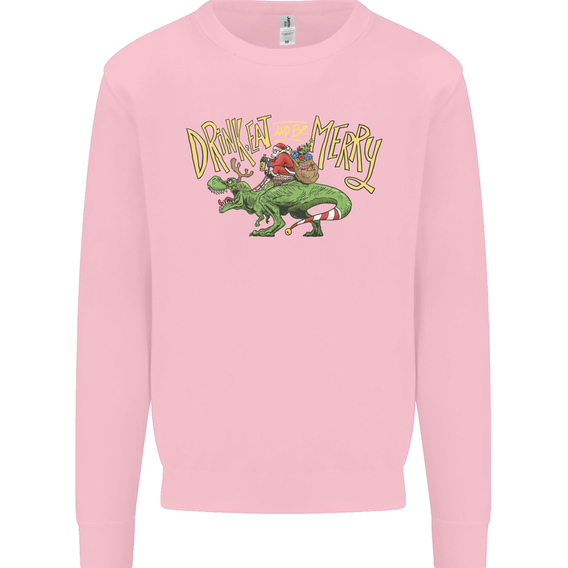Santa T-Rex Drink Eat Merry Funny Christmas Mens Sweatshirt Jumper Light Pink