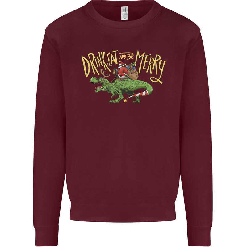 Santa T-Rex Drink Eat Merry Funny Christmas Mens Sweatshirt Jumper Maroon