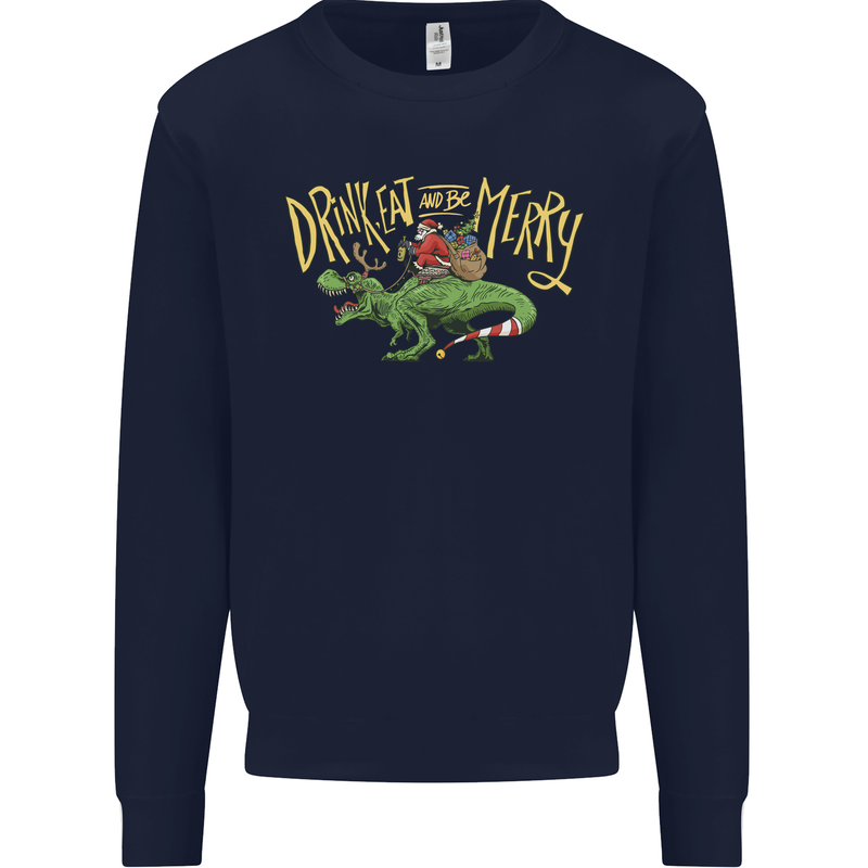 Santa T-Rex Drink Eat Merry Funny Christmas Mens Sweatshirt Jumper Navy Blue
