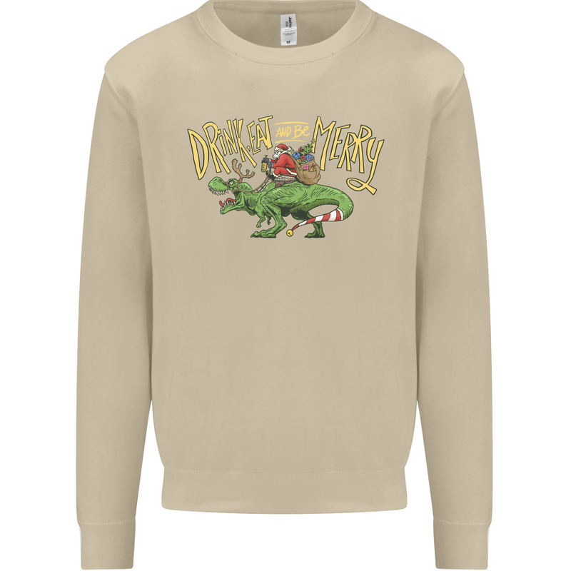Santa T-Rex Drink Eat Merry Funny Christmas Mens Sweatshirt Jumper Sand