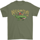 Santa T-Rex Drink Eat Merry Funny Christmas Mens T-Shirt Cotton Gildan Military Green