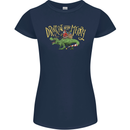Santa T-Rex Drink Eat Merry Funny Christmas Womens Petite Cut T-Shirt Navy Blue