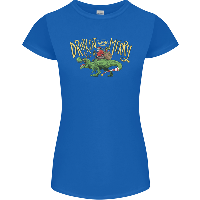Santa T-Rex Drink Eat Merry Funny Christmas Womens Petite Cut T-Shirt Royal Blue