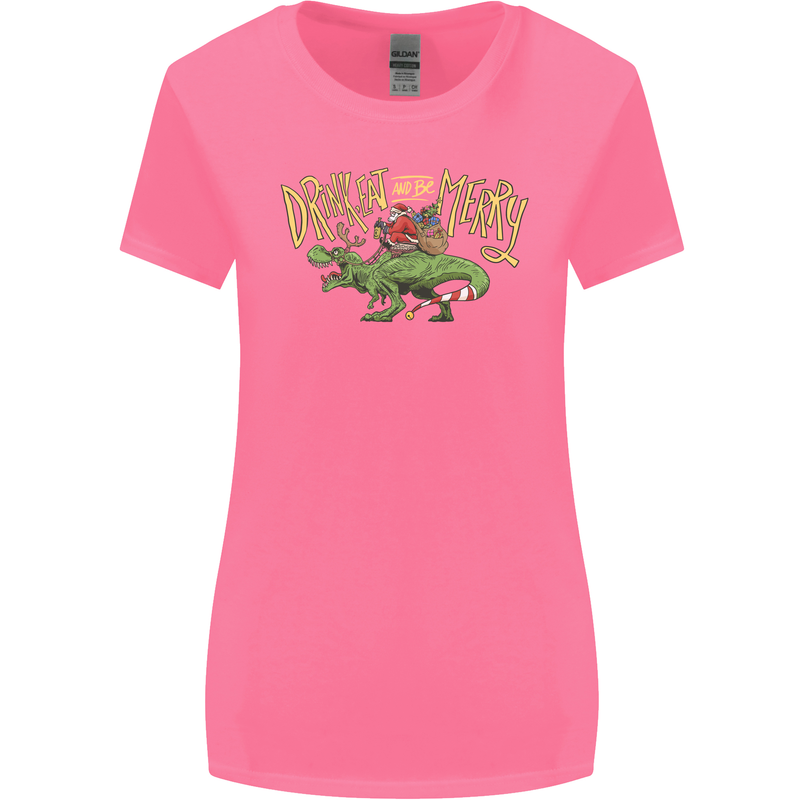 Santa T-Rex Drink Eat Merry Funny Christmas Womens Wider Cut T-Shirt Azalea