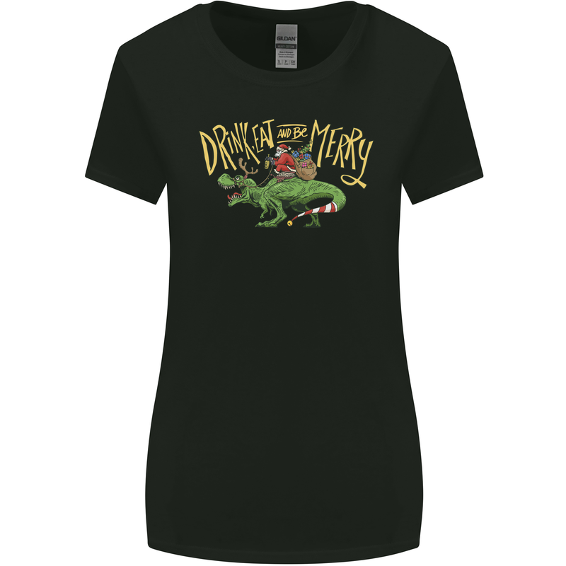 Santa T-Rex Drink Eat Merry Funny Christmas Womens Wider Cut T-Shirt Black