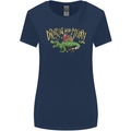 Santa T-Rex Drink Eat Merry Funny Christmas Womens Wider Cut T-Shirt Navy Blue