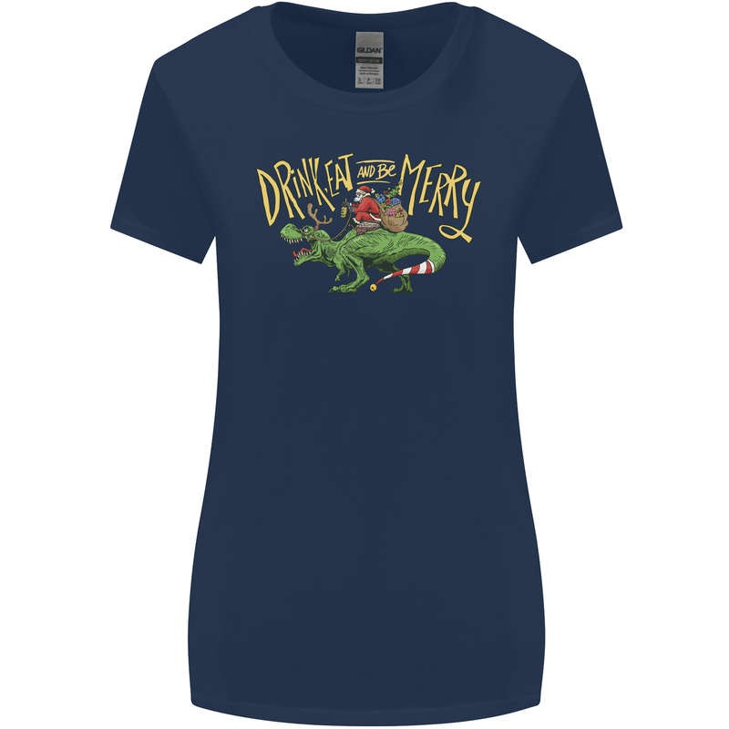 Santa T-Rex Drink Eat Merry Funny Christmas Womens Wider Cut T-Shirt Navy Blue