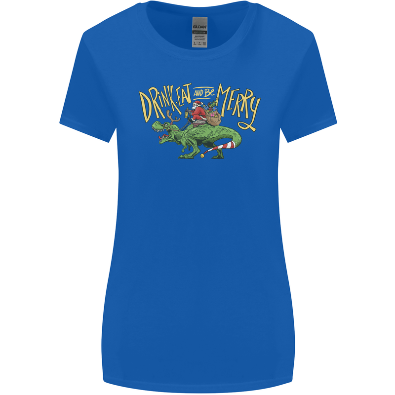 Santa T-Rex Drink Eat Merry Funny Christmas Womens Wider Cut T-Shirt Royal Blue