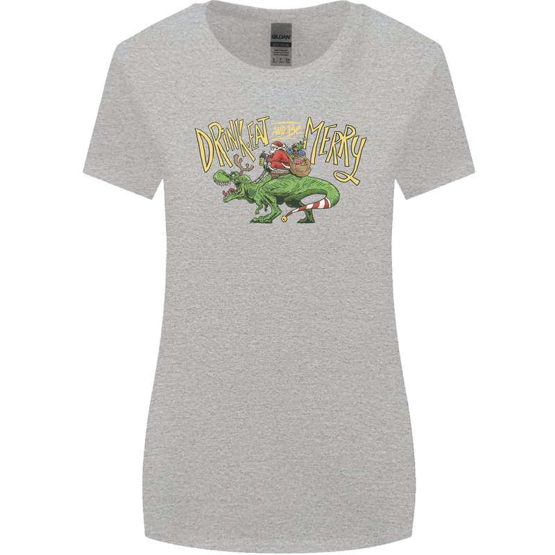 Santa T-Rex Drink Eat Merry Funny Christmas Womens Wider Cut T-Shirt Sports Grey