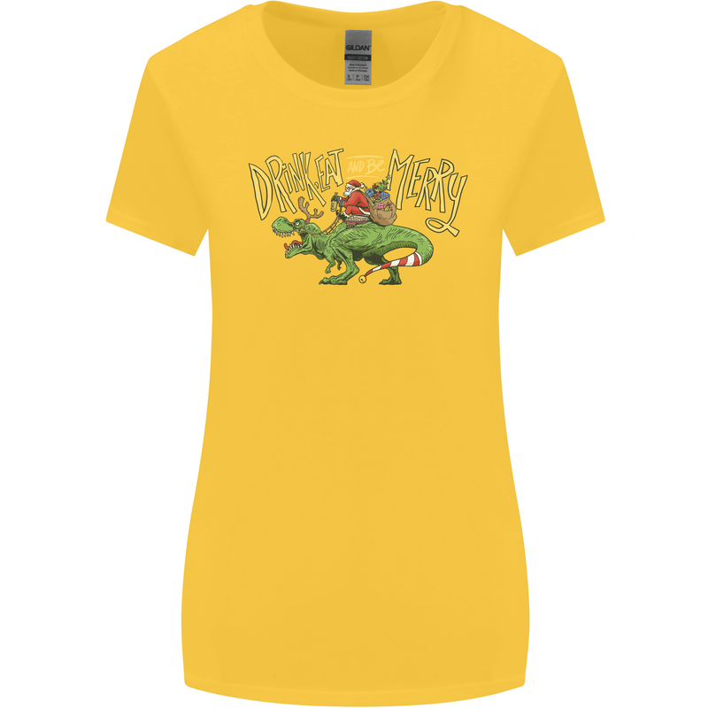 Santa T-Rex Drink Eat Merry Funny Christmas Womens Wider Cut T-Shirt Yellow