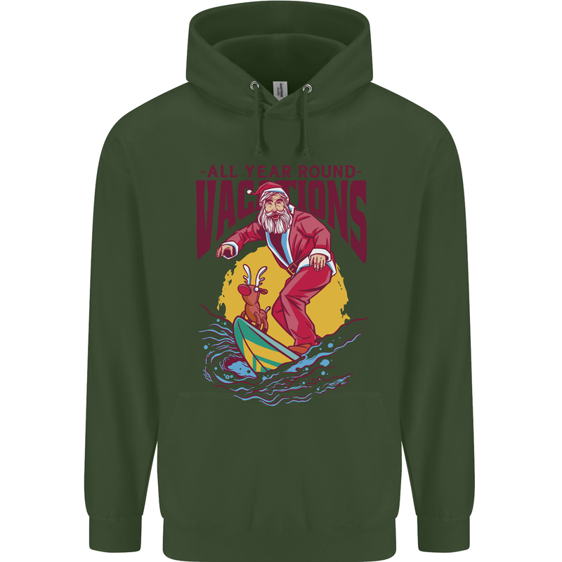 Santa Vacations Funny Christmas Surfer Surfing Childrens Kids Hoodie Forest Green