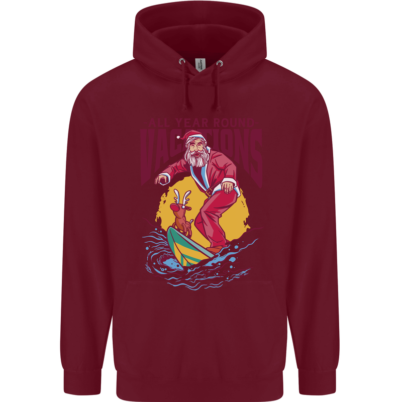 Santa Vacations Funny Christmas Surfer Surfing Childrens Kids Hoodie Maroon