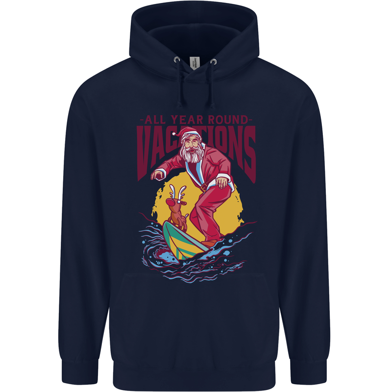 Santa Vacations Funny Christmas Surfer Surfing Childrens Kids Hoodie Navy Blue