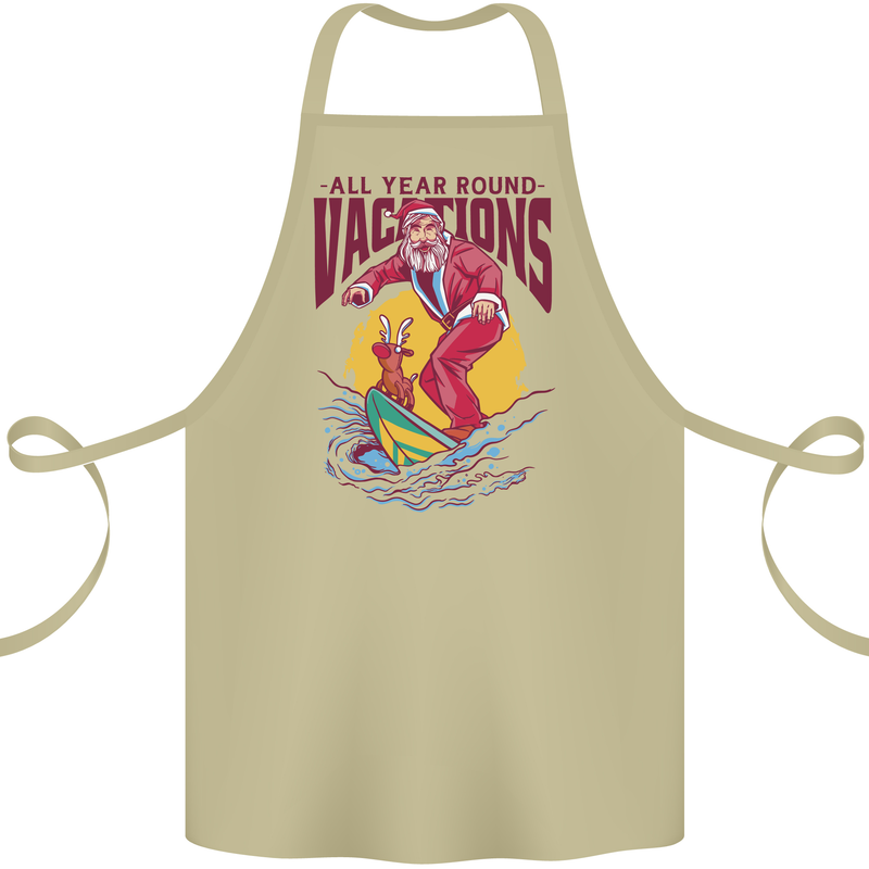 Santa Vacations Funny Christmas Surfer Surfing Cotton Apron 100% Organic Khaki