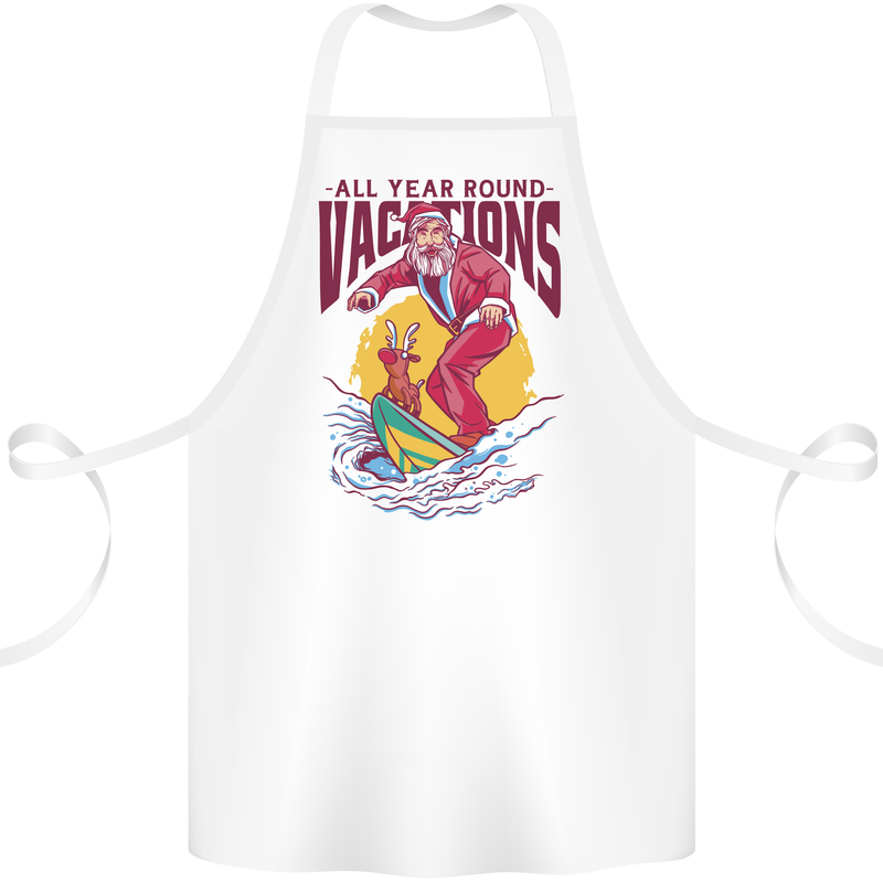 Santa Vacations Funny Christmas Surfer Surfing Cotton Apron 100% Organic White