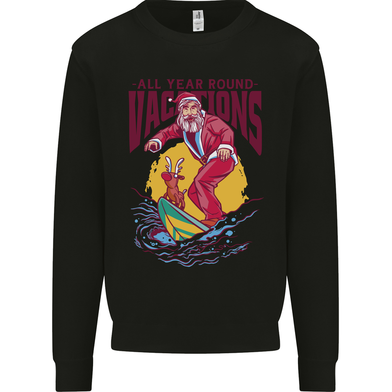 Santa Vacations Funny Christmas Surfer Surfing Kids Sweatshirt Jumper Black