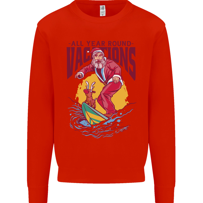 Santa Vacations Funny Christmas Surfer Surfing Kids Sweatshirt Jumper Bright Red