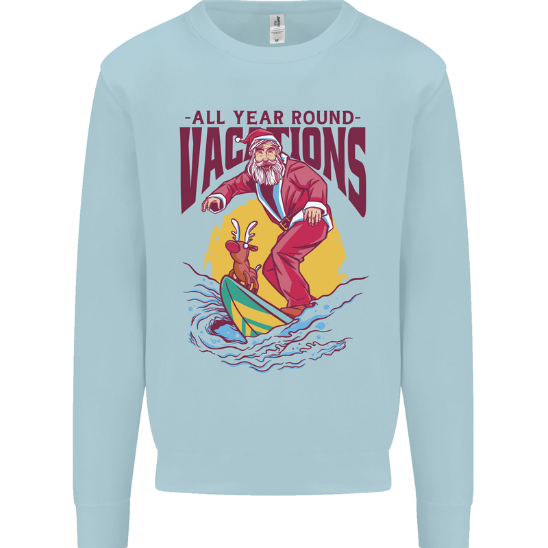 Santa Vacations Funny Christmas Surfer Surfing Kids Sweatshirt Jumper Light Blue
