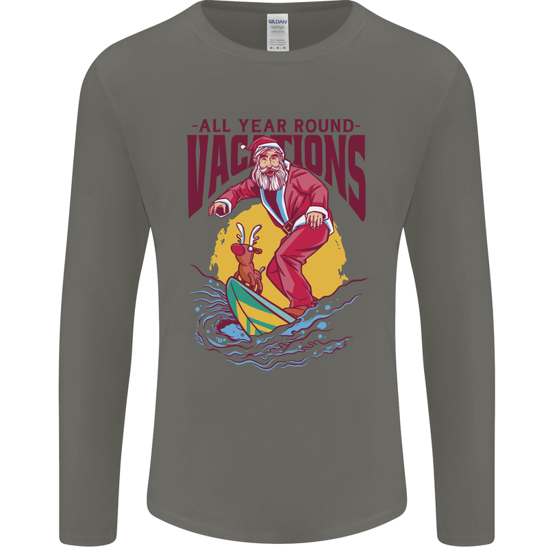 Santa Vacations Funny Christmas Surfer Surfing Mens Long Sleeve T-Shirt Charcoal
