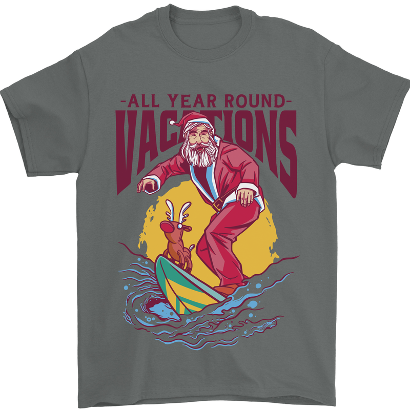 Santa Vacations Funny Christmas Surfer Surfing Mens T-Shirt 100% Cotton Charcoal