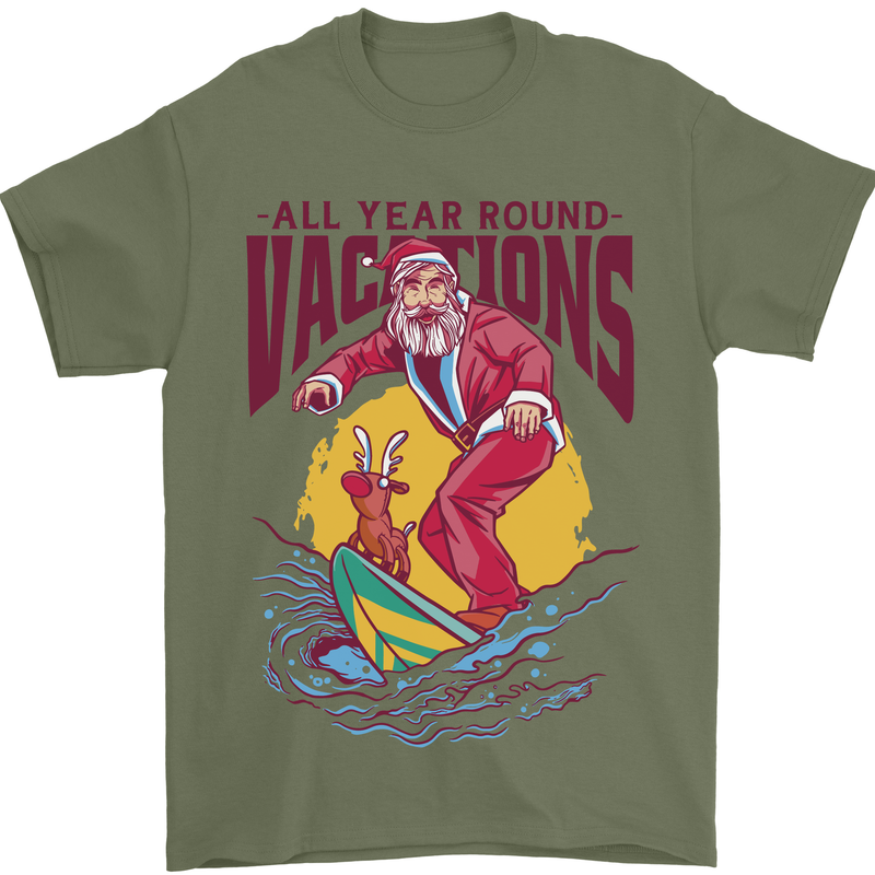 Santa Vacations Funny Christmas Surfer Surfing Mens T-Shirt 100% Cotton Military Green