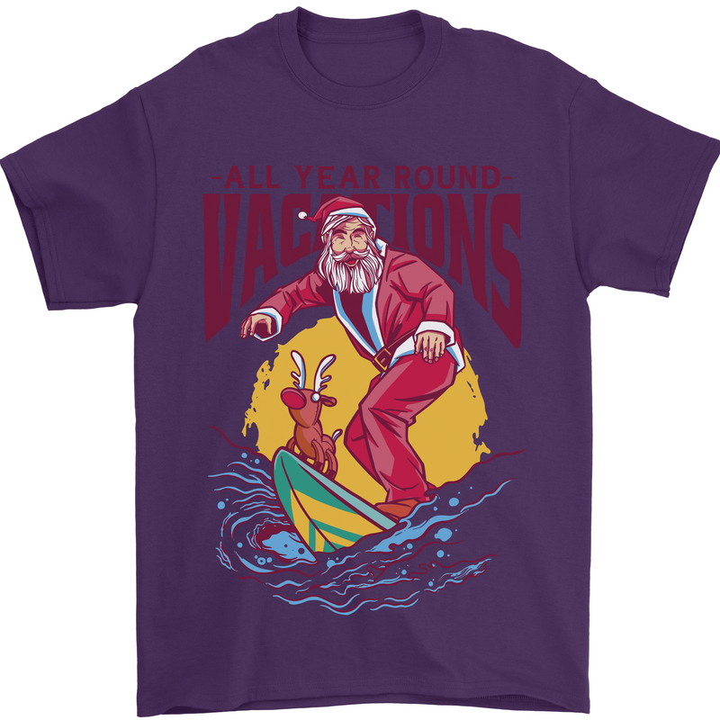 Santa Vacations Funny Christmas Surfer Surfing Mens T-Shirt 100% Cotton Purple