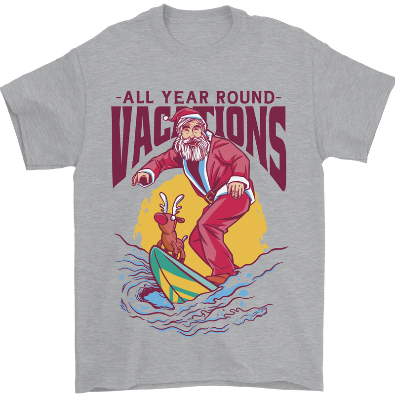 Santa Vacations Funny Christmas Surfer Surfing Mens T-Shirt 100% Cotton Sports Grey