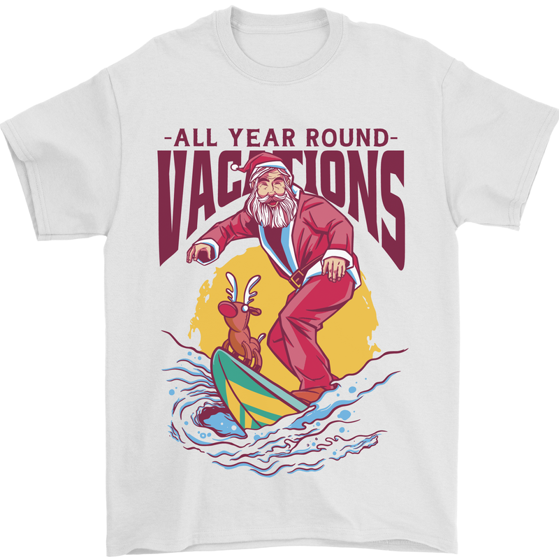 Santa Vacations Funny Christmas Surfer Surfing Mens T-Shirt 100% Cotton White