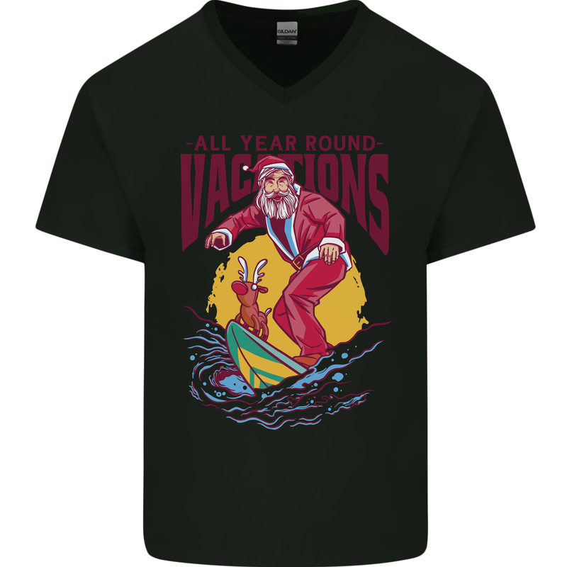Santa Vacations Funny Christmas Surfer Surfing Mens V-Neck Cotton T-Shirt Black