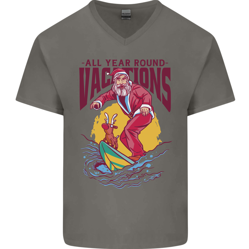 Santa Vacations Funny Christmas Surfer Surfing Mens V-Neck Cotton T-Shirt Charcoal