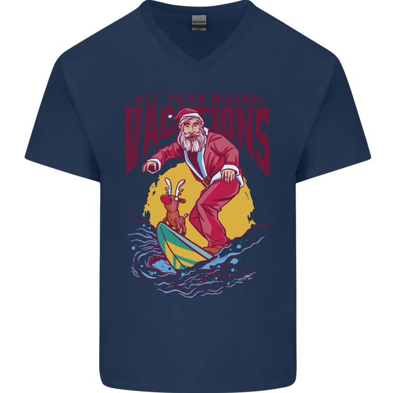 Santa Vacations Funny Christmas Surfer Surfing Mens V-Neck Cotton T-Shirt Navy Blue