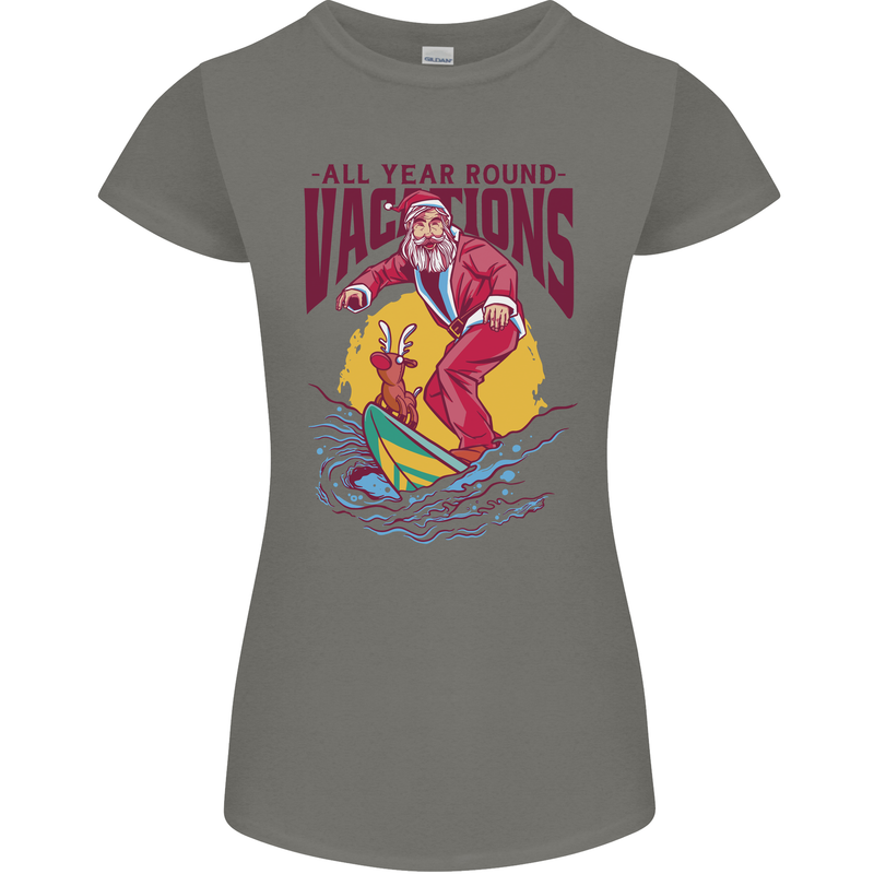 Santa Vacations Funny Christmas Surfer Surfing Womens Petite Cut T-Shirt Charcoal