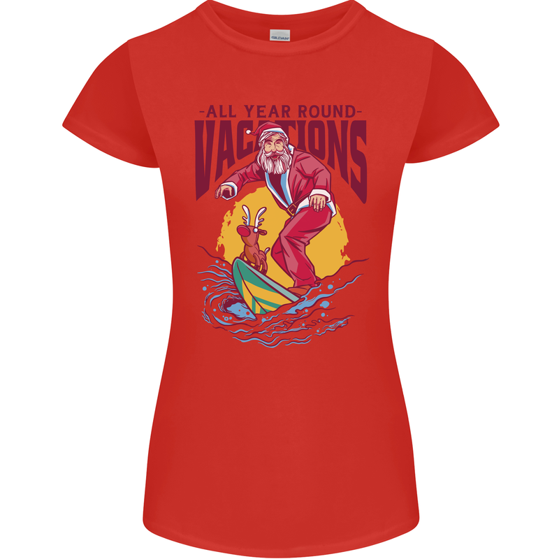 Santa Vacations Funny Christmas Surfer Surfing Womens Petite Cut T-Shirt Red