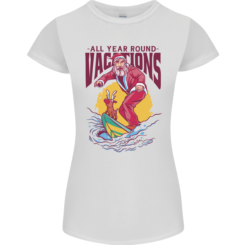 Santa Vacations Funny Christmas Surfer Surfing Womens Petite Cut T-Shirt White