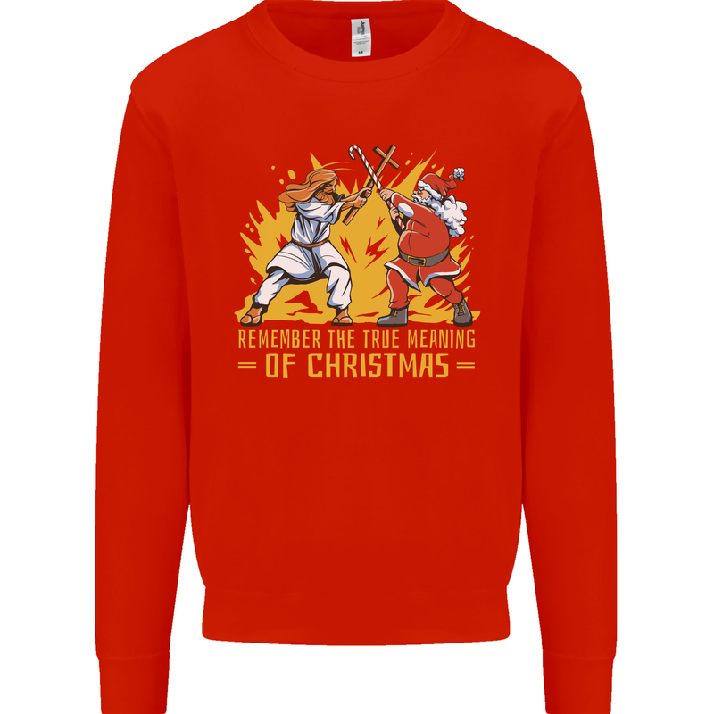 Santa vs Jesus Funny Christmas Xmas Kids Sweatshirt Jumper Bright Red