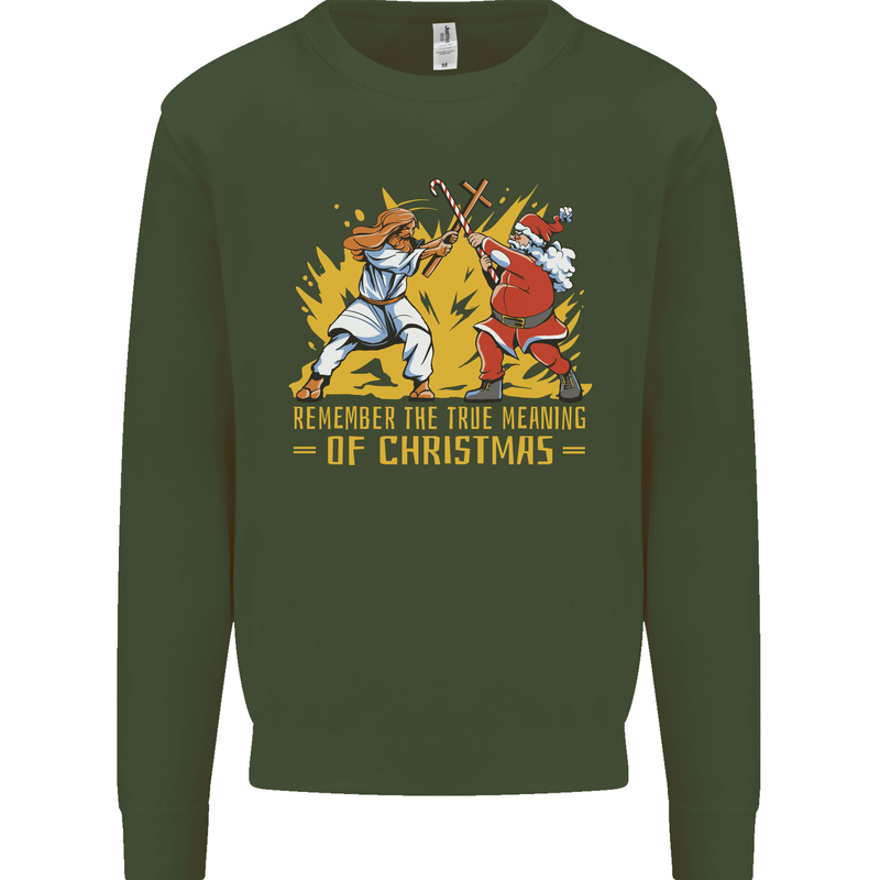 Santa vs Jesus Funny Christmas Xmas Kids Sweatshirt Jumper Forest Green