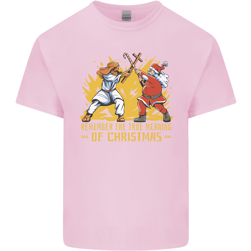 Santa vs Jesus Funny Christmas Xmas Kids T-Shirt Childrens Light Pink