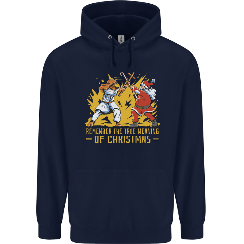 Santa vs Jesus Funny Christmas Xmas Mens 80% Cotton Hoodie Navy Blue