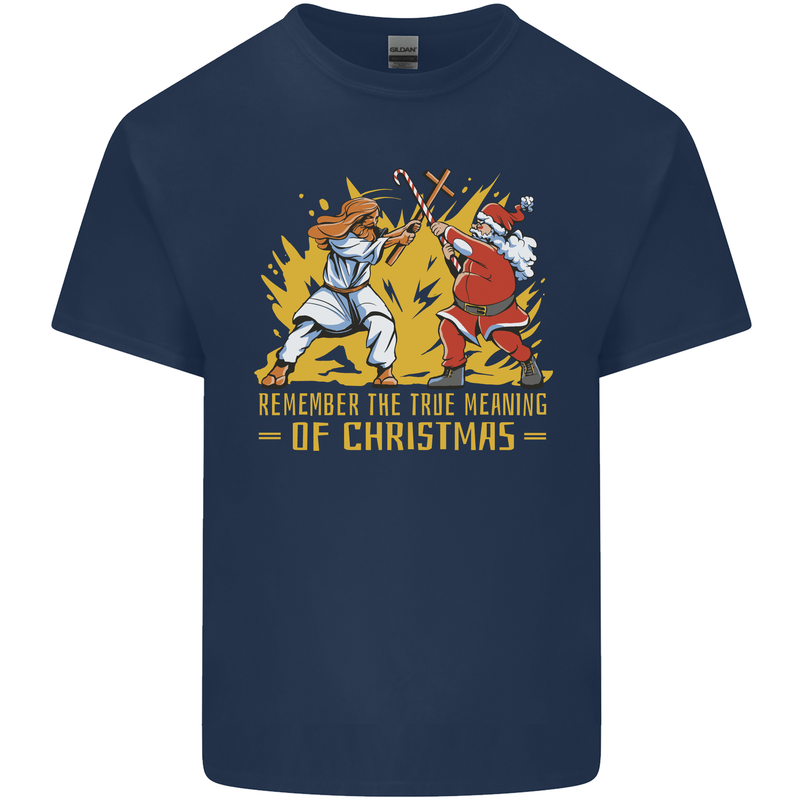 Santa vs Jesus Funny Christmas Xmas Mens Cotton T-Shirt Tee Top Navy Blue