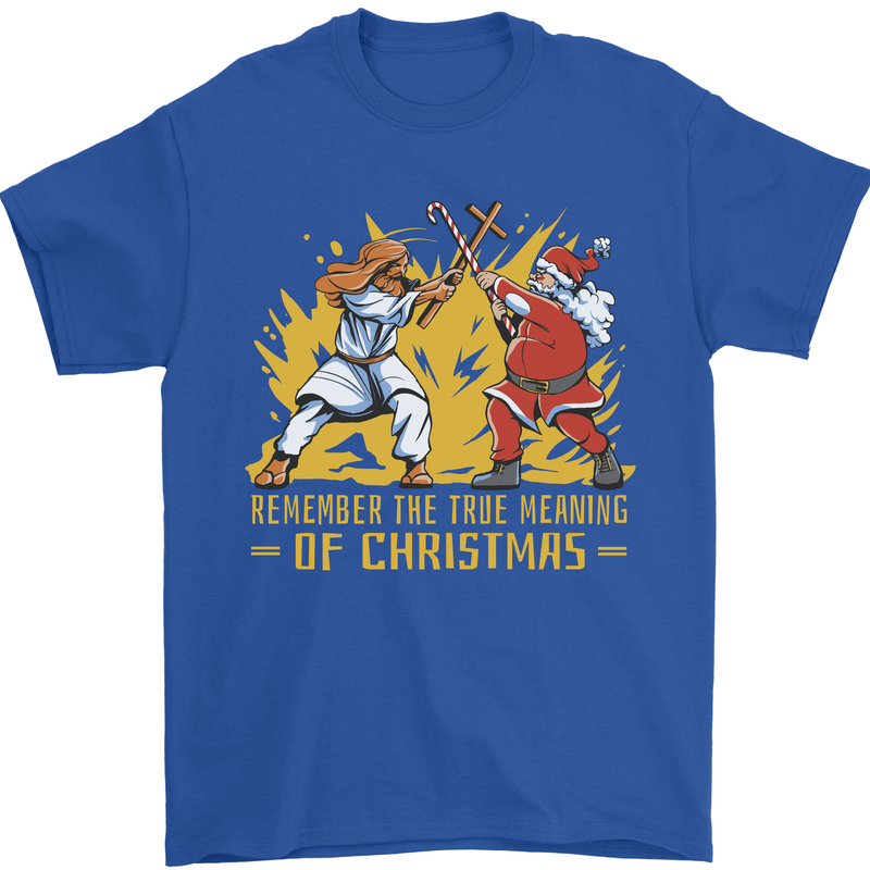 Santa vs Jesus Funny Christmas Xmas Mens T-Shirt 100% Cotton Royal Blue