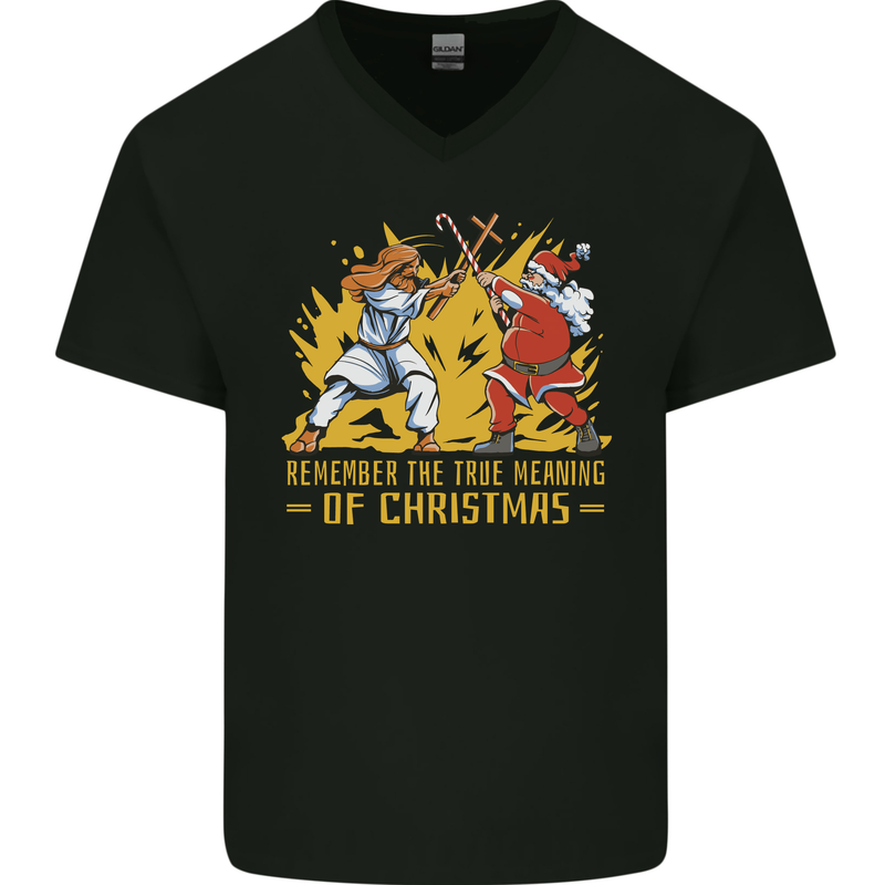 Santa vs Jesus Funny Christmas Xmas Mens V-Neck Cotton T-Shirt Black